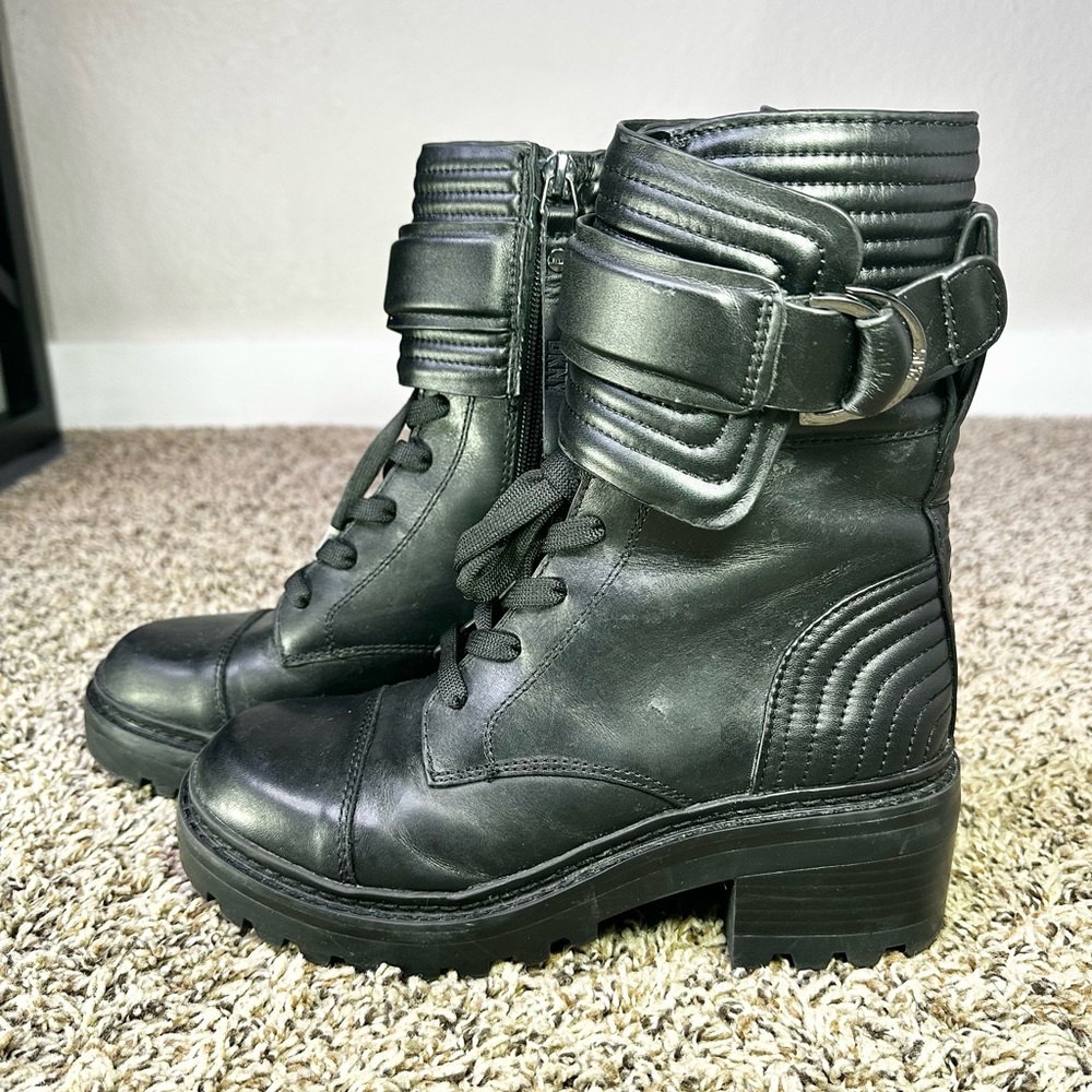 DKNY Boots Womens Size 5M Black Leather Combat Mid Calf Lug Sole Zip Strap